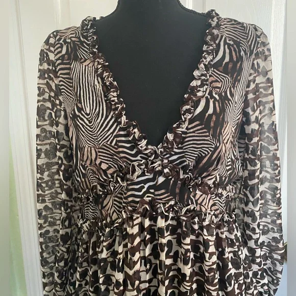 Betsey Johnson Flowy Animial Print Ruffle Babydoll Dress Size 8 - Picture 13 of 13